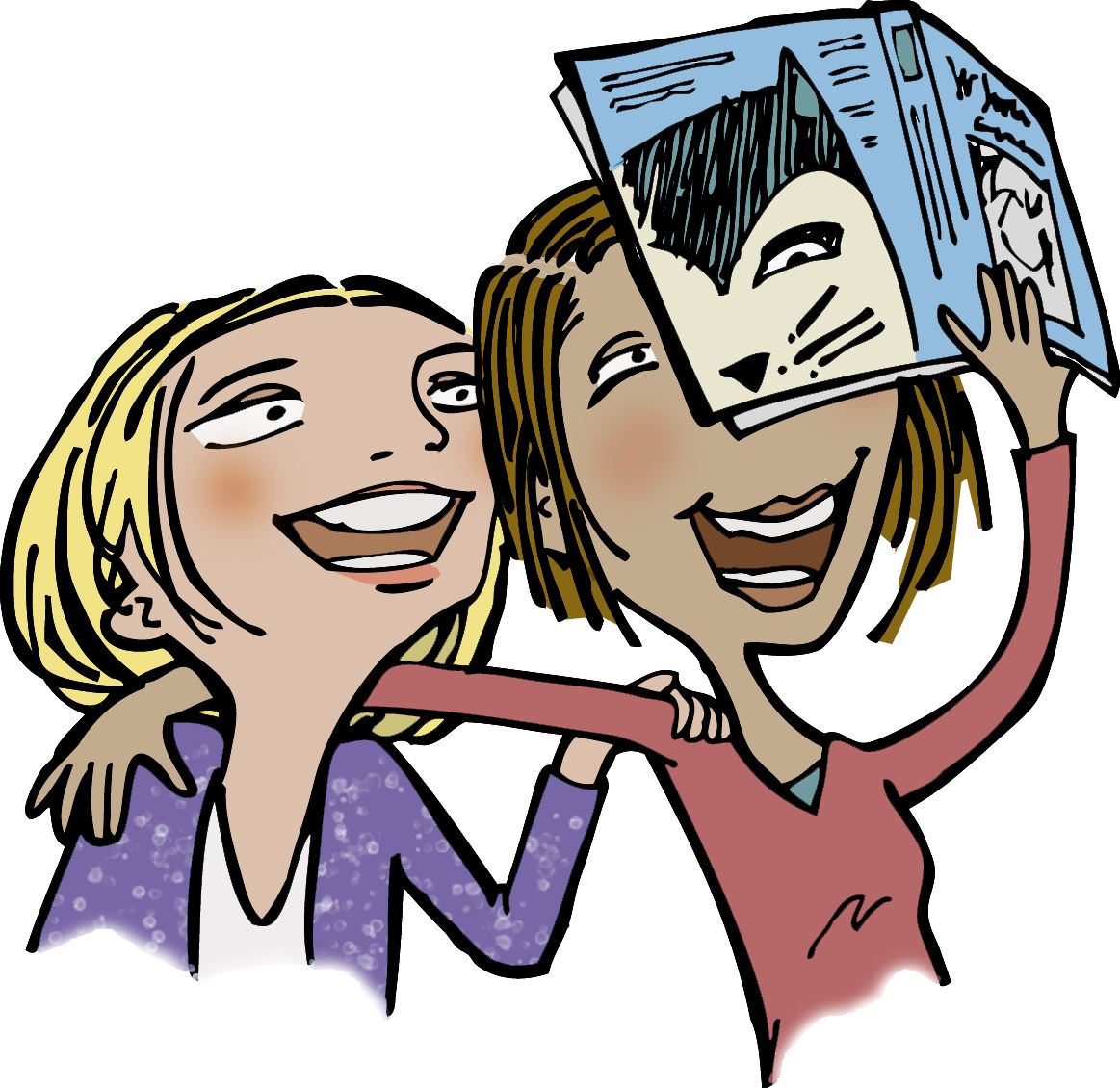 Illustration of teens making book faces