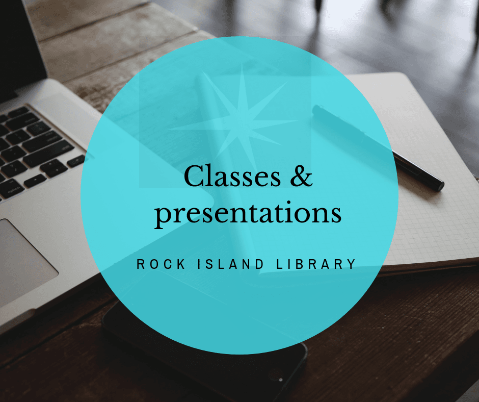 image of computer keyboard in background with blue circle and words Classes and presentations in cir