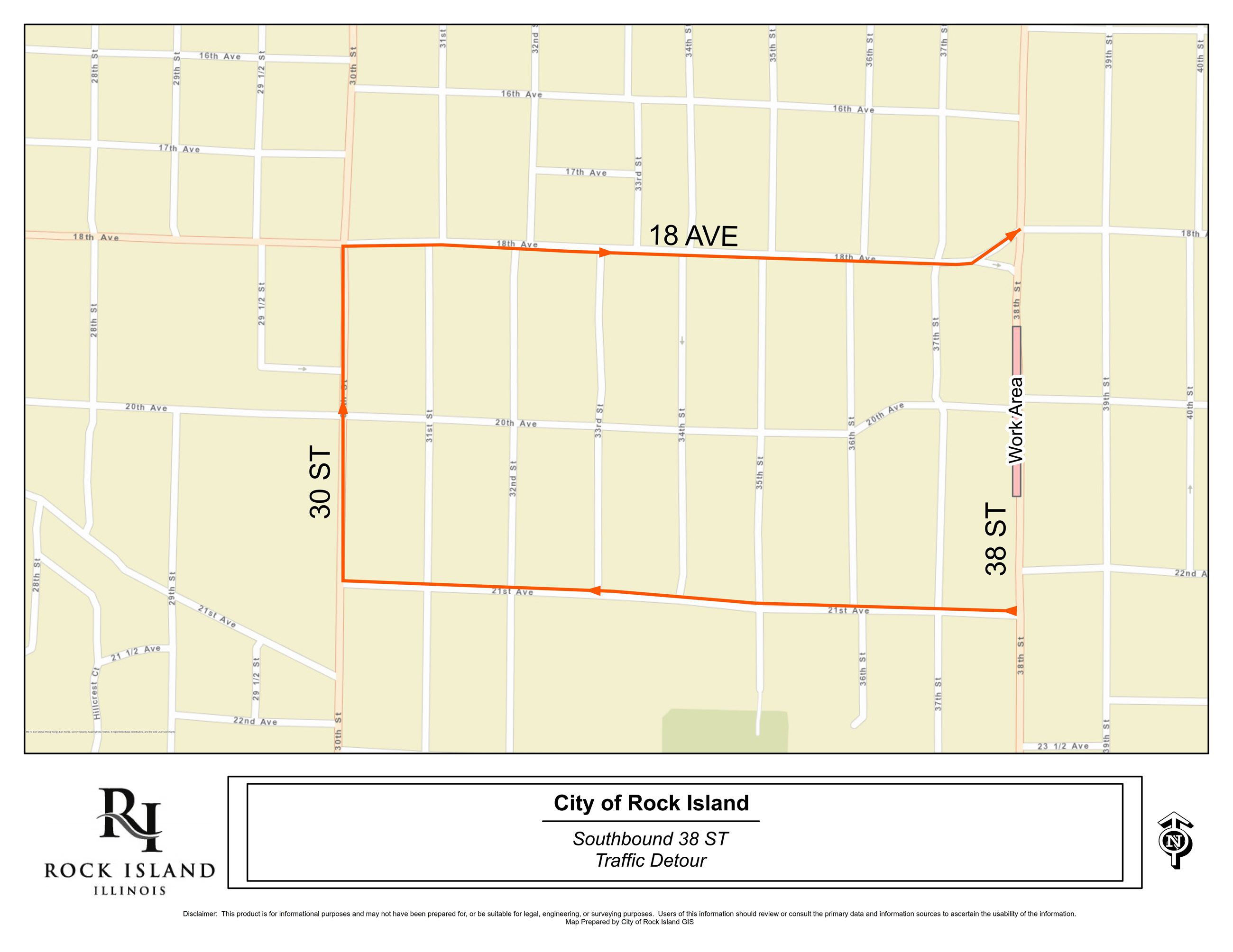38 ST Resurfacing Project; 7 AV to Black Hawk RD Detour Map