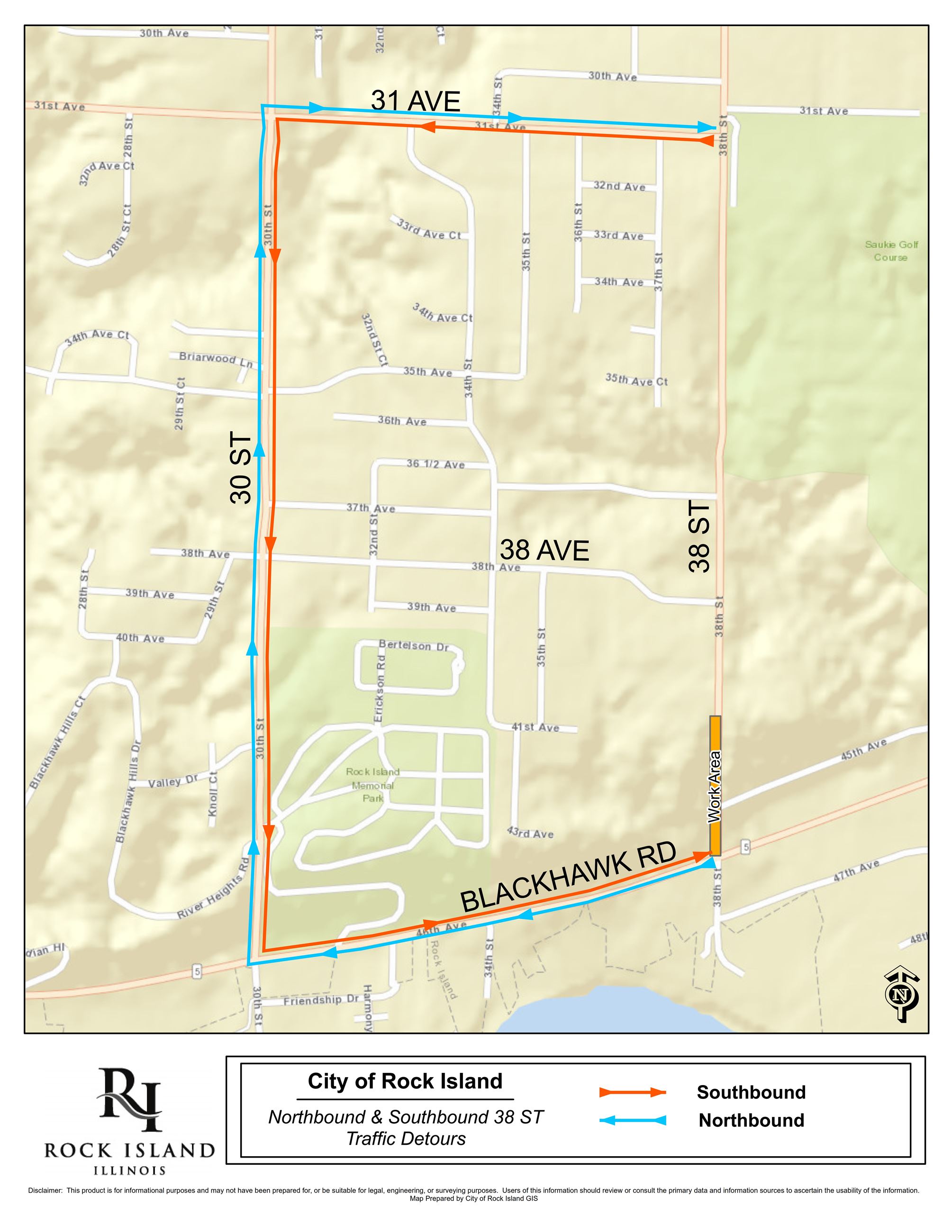 38 ST Resurfacing Project; 7 AV to Black Hawk RD Detour Map