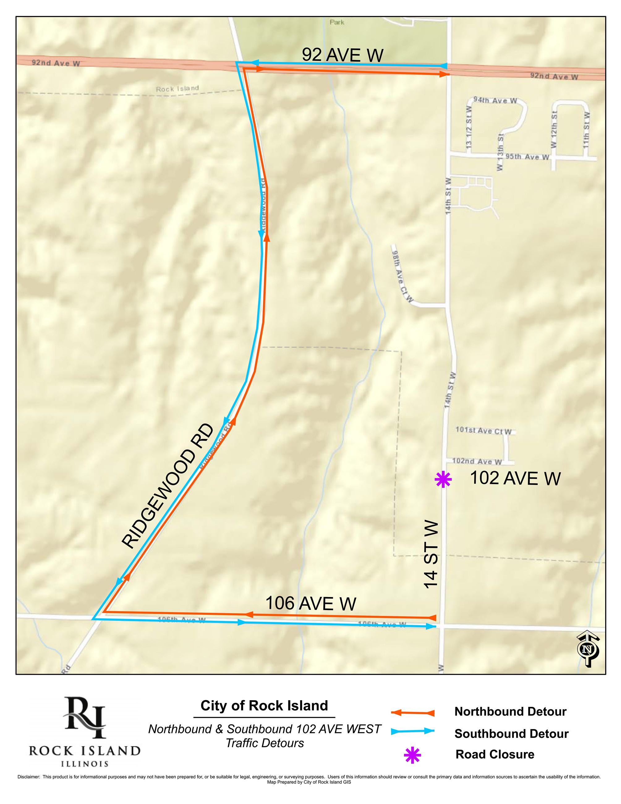 14 ST W at 102 AV W Detour Map