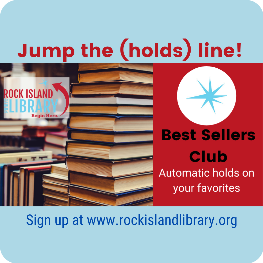 Best Seller Club_Image of stacked books with library logo superimposed over image