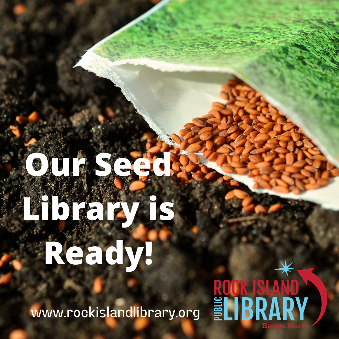 image of seed packet pouring seeds onto ground, Our Seed Library is Open, RIPL logo and website