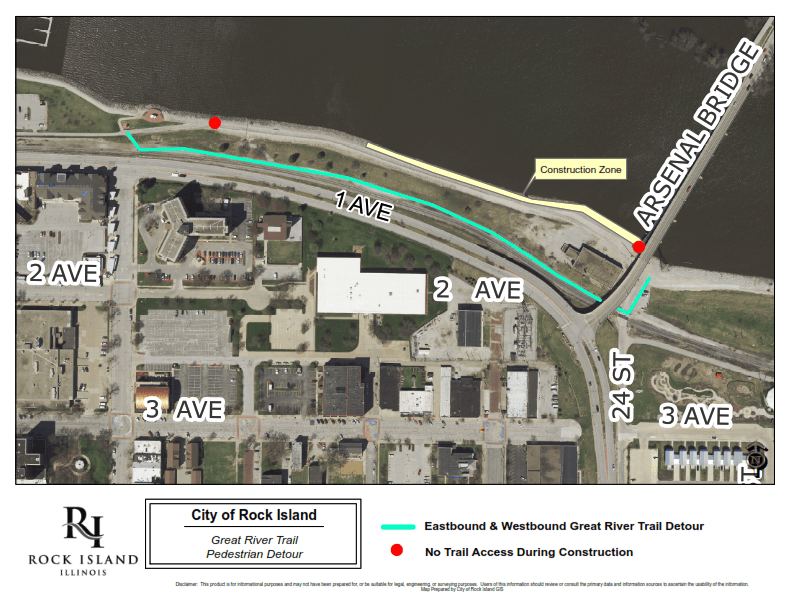 Levee Bike Path Closure, West of Arsenal Bridge Map
