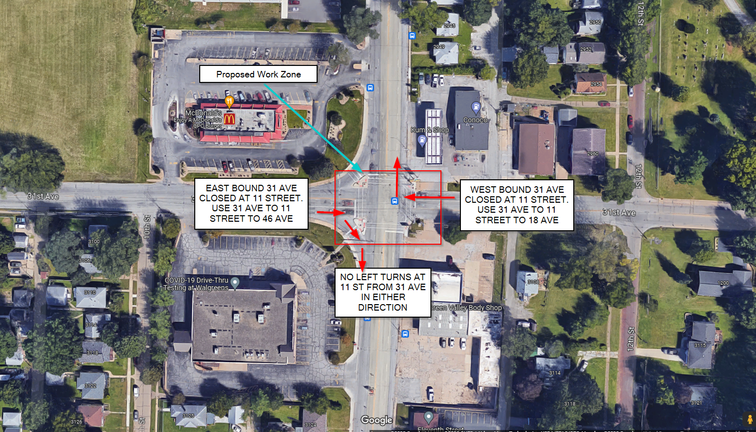 Road Closure Map at 11 ST 31 AV
