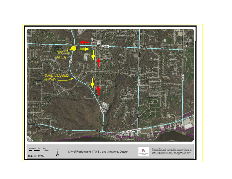 Road Closure and Detour Map for Water Main Repair, 17 ST at 31 AV
