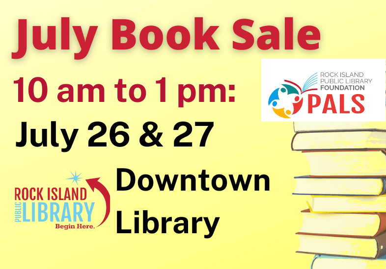 Library book sale advertisement yellow background stack of books. Sale dates July 26 and 27