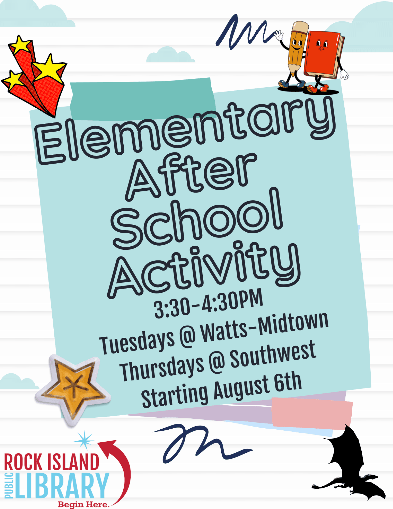 Title Elmentary After School Activity, Starting August 6. Lined paper with post-it note graphic