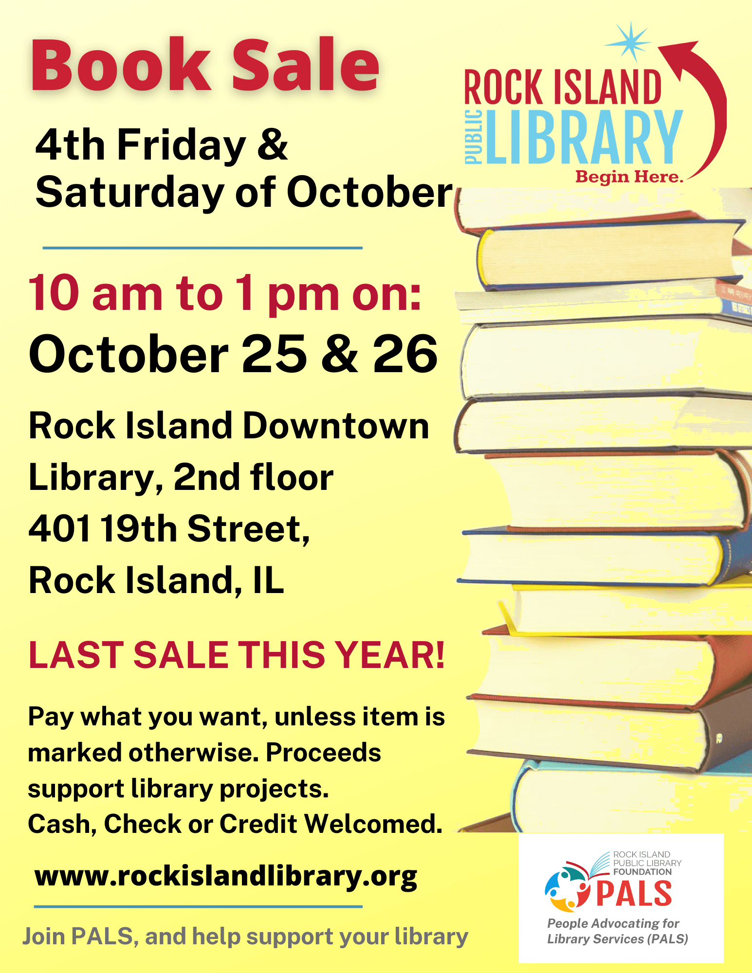 Library Book Sale, Oct. 25 and 26, 10 am to 1 pm, Downtown Library. Last big sale this year. 