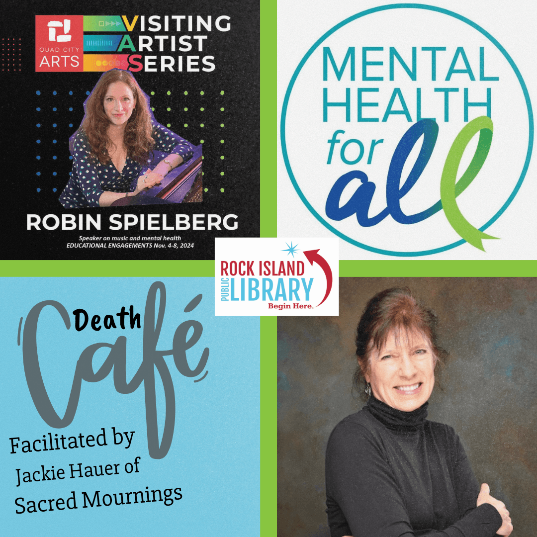 Square with 4 inset photos representing November library Mental Health programs