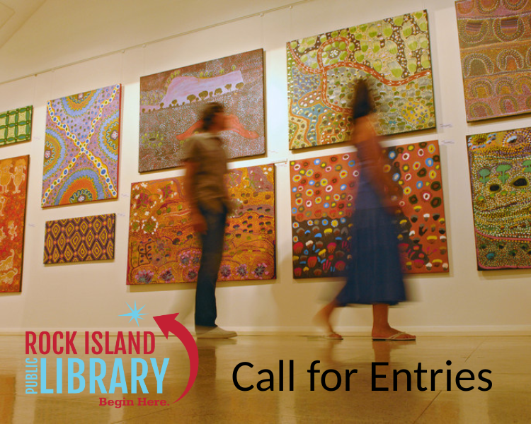 Rock Island Public Library Call for Artist Entries. Two people walking by gallery wall of paintings